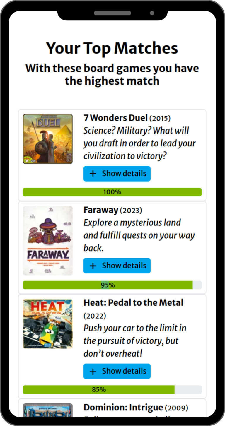 Screenshot of the results view of the BoardGame-O-Matic